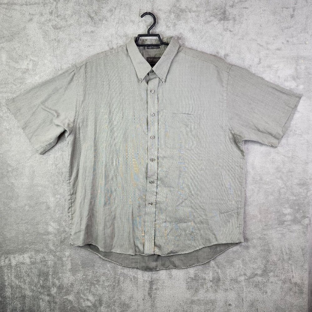 Mens Grey Short Sleeve Button-Down Shirt Van Heusen Broadcloth Size XXL 18-18.5